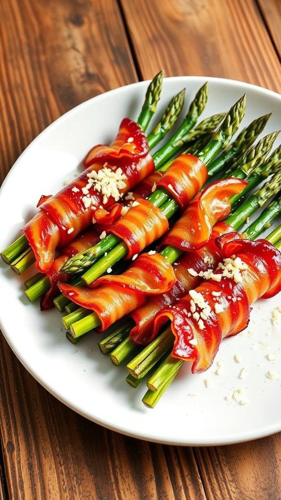 Crispy bacon-wrapped asparagus on a white plate with Parmesan cheese garnish.